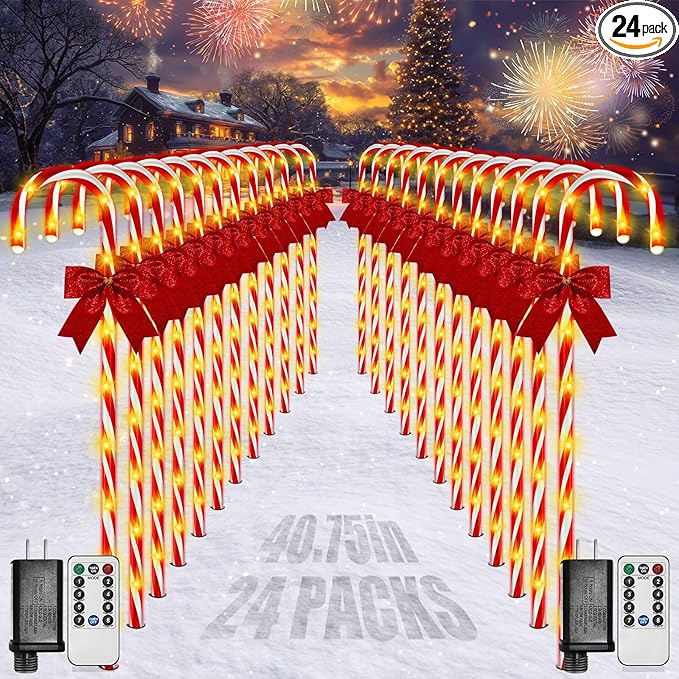 Christmas Candy Cane Pathway Lights 24PCS 240 LED Christmas Lights Outdoor Decorations with Red Bow Waterproof 8 Modes Timer Remote Walkway for Xmas Home Yard Lawn Patio Decor