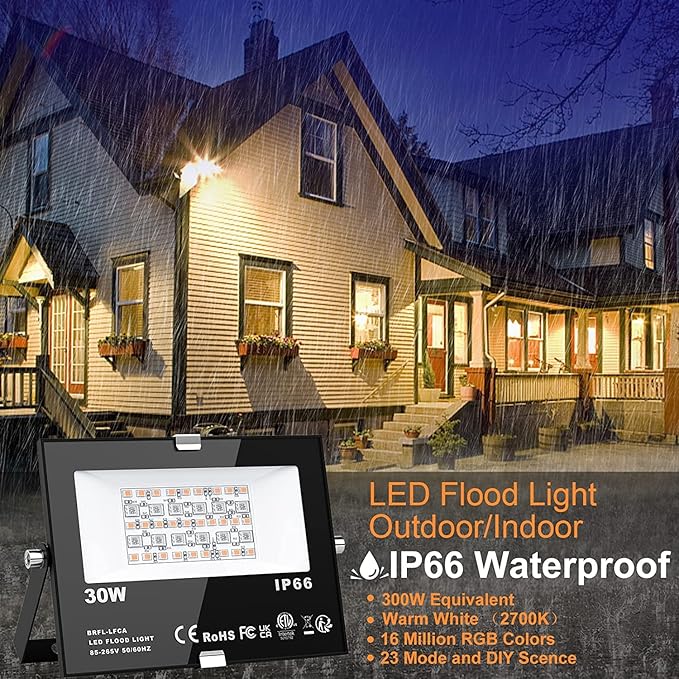 LED Flood Lights RGB Color Changing 300W Equivalent Outdoor 30W Bluetooth Smart RGB Floodlight APP Control IP66 Waterproof Timing 2700K&amp16 Million Colors 23 Modes for Garden Stage Lighting 4 P