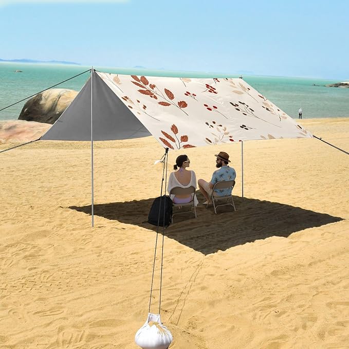 Bolaz Beach Canopy Tent Sun Shade9'×10.5' Large Family Beach Shade UPF50+- Outdoor Shade for Camping Trips FishingRetro Red Off-White Maple Leaf Pattern