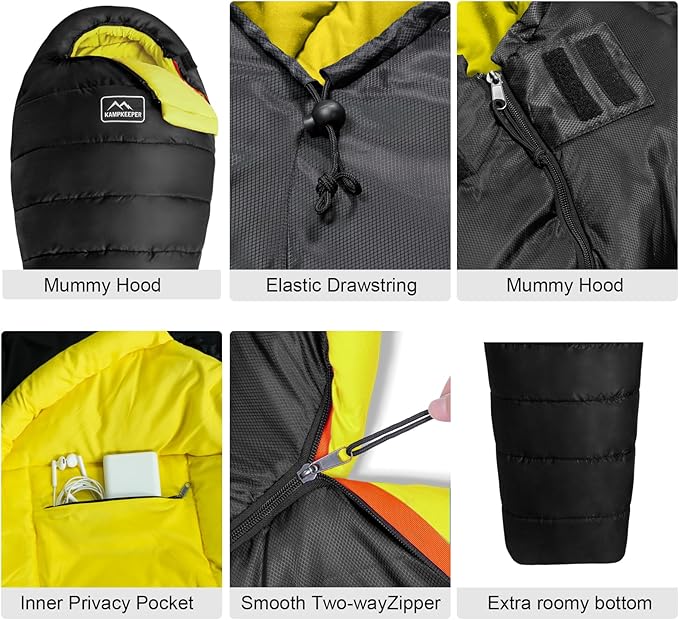 KAMPKEEPER Mummy Sleeping Bag Cold Weather Camping Sleeping Bag 32℉ 3-4 Seasons Adults Sleeping Bag Non-Snag Zipper with Adjustable Hood for Backpacking Hiking