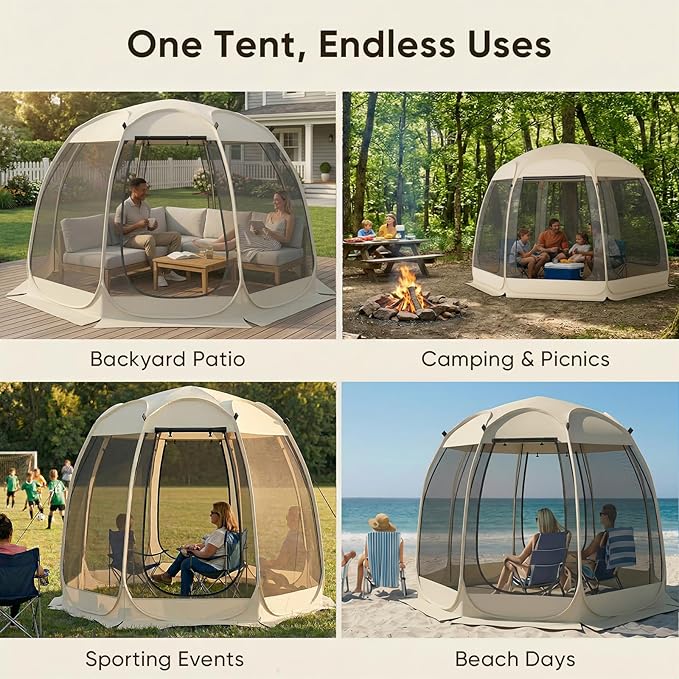 TABU Pop Up Screen House Tent 12x12 FT Screen Room Canopy with Mosquito Mesh Instant UV Resistant Shelter with Carry Bag for 8-10 Person Beige