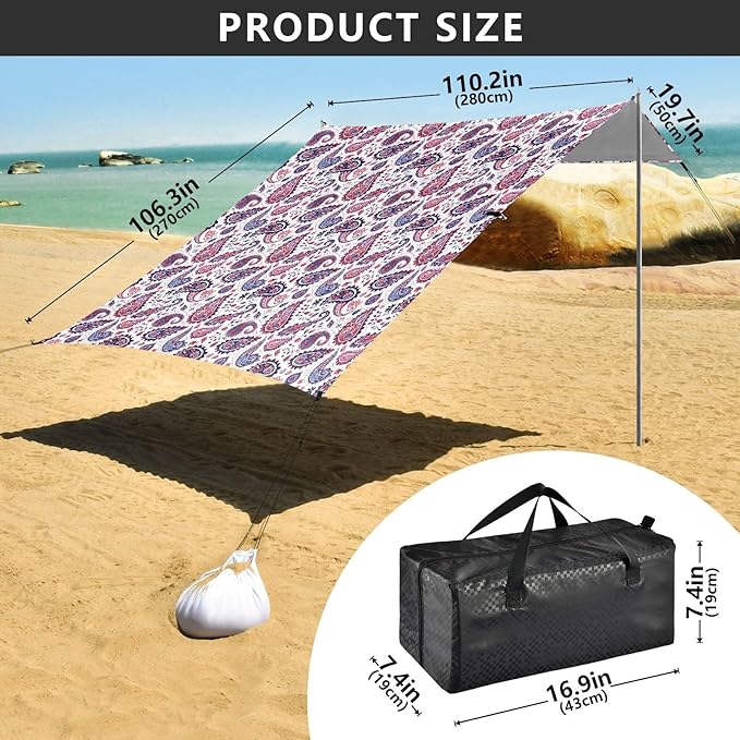 ALAZA Retro Paisley Beach Tent Sun Shelter UPF50+ Protection Beach Shade Canopy w/ 4 Sandbags for Outdoor Camping Fishing Backyard Fun Picnic 10x9 ft