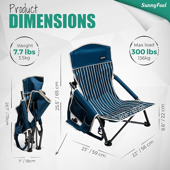 SUNNYFEEL Folding Low Camping Beach Chair 2 Pack Portable Backpacking Chairs with Cup HolderCarry Bag Compact &amp Heavy Duty for Adults 300 LBS for Outdoor Picnic Fishing Sand Lawn