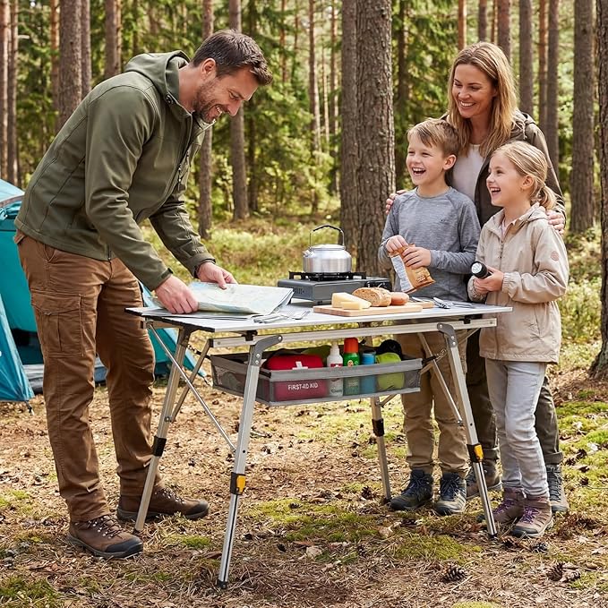 Camping Table Portable Foldable with Adjustable Legs Aluminum Roll Up Table with Large Mesh Storage Layer &amp Carrying Bag Lightweight Outdoor Picnic Table for Camping Beach BBQ Backyard