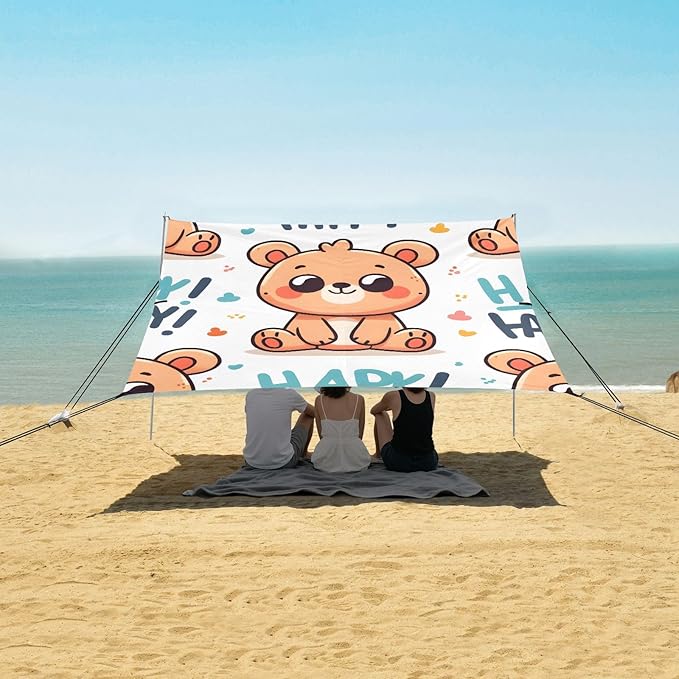 Cute Cartoon Bear with The Word Camping Sun Shelter Beach Tent Portable Beach Sun Shade Outdoor Canopy for Camping Trips Fishing Picnic