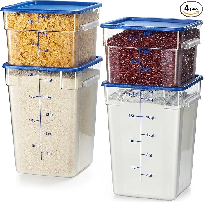 CURTA 4-Pack Food Storage Containers with Blue Lids - 12 Qt &amp 22 Qt Square Clear Polycarbonate - NSF Listed Commercial Grade Freezer &amp Dishwasher Safe Stackable