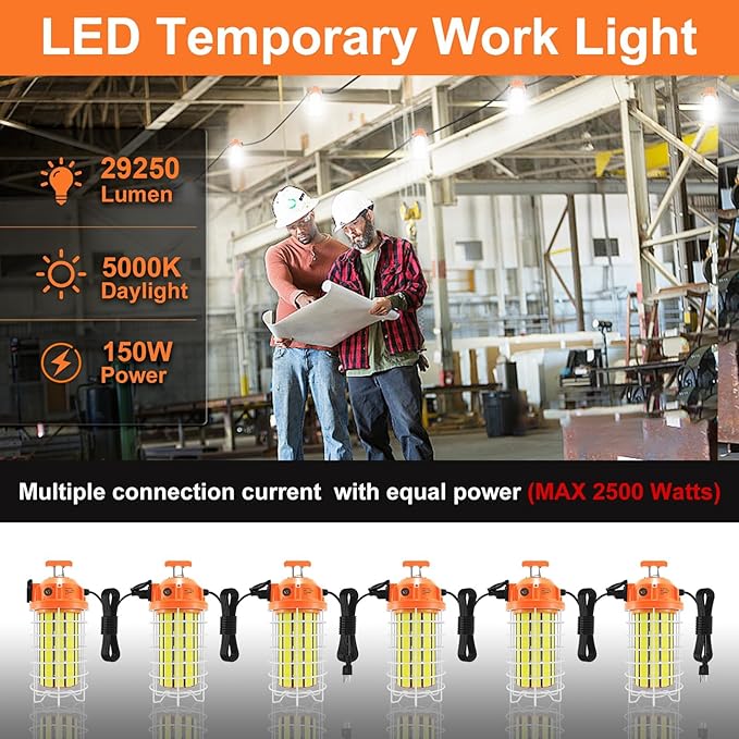 NS 150W LED Temporary Jobsite Work Light 29250LM 5000K Daylight White Portable Waterproof Hanging Construction Lighting with 16ft Cord for Outdoor Workshop Warehouse Jobsite