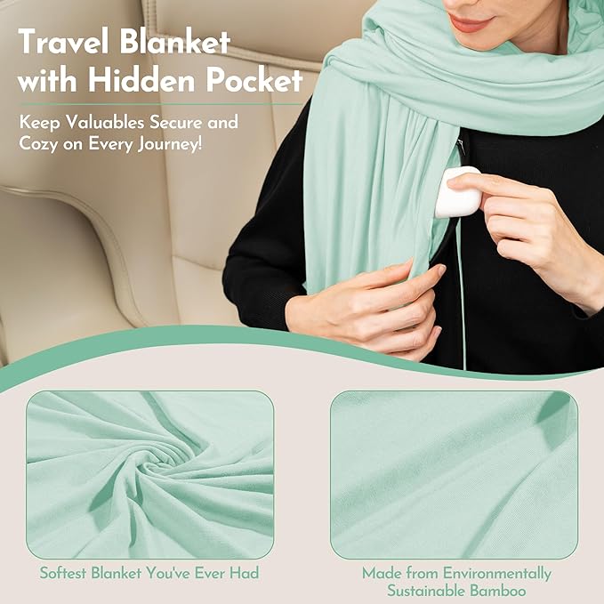 16-in-1 Compact Travel Blanket with Bag – Reversible Ultra Soft Bamboo Airplane Blanket with Hidden Pocket – Packable for Flights &amp Travel Essentials (Semi-Weighted Double Layer)