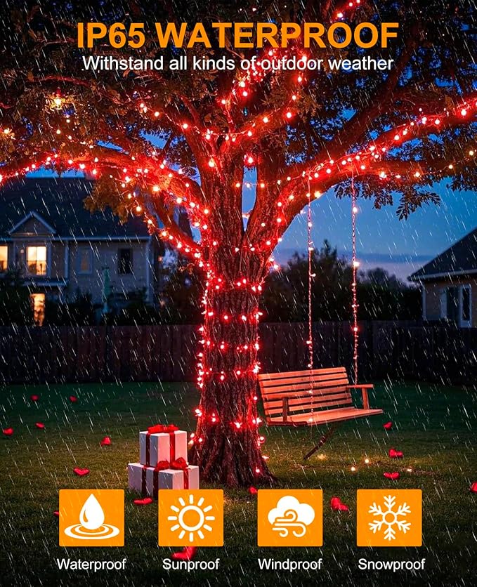 197FT 600 LED Christmas Lights Outdoor Plug in Red Valentine Lights with 8 Modes &amp Waterproof Connectable Green Wire String Lights for Outside Indoor Home Garden Yard Party Holiday Decorations