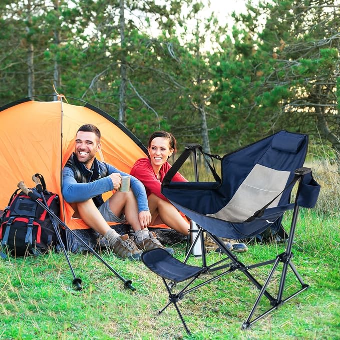 COSTWAY Folding Camping Chair Portable Beach Chair with Retractable Footrest Adjustable Back Cup Holder &amp Carry Bag Outdoor Lawn Patio Chair for Camping Fishing Hiking (Navy 1 Pack)