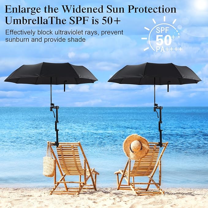 2 Pcs Beach Umbrella with Adjustable Universal Clamp Upf 50+ Automatic Open and Close Windproof Travel Portable Golf Umbrella for Beach Chair Stroller Fishing