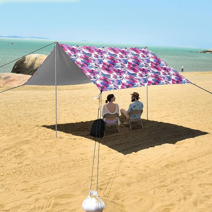 ALAZA Anemone Flower Pink &amp Purple Beach Tent Sun Shelter UPF50+ Protection Beach Shade Canopy w/ 4 Sandbags for Outdoor Camping Fishing Backyard Fun Picnic 10x9 ft