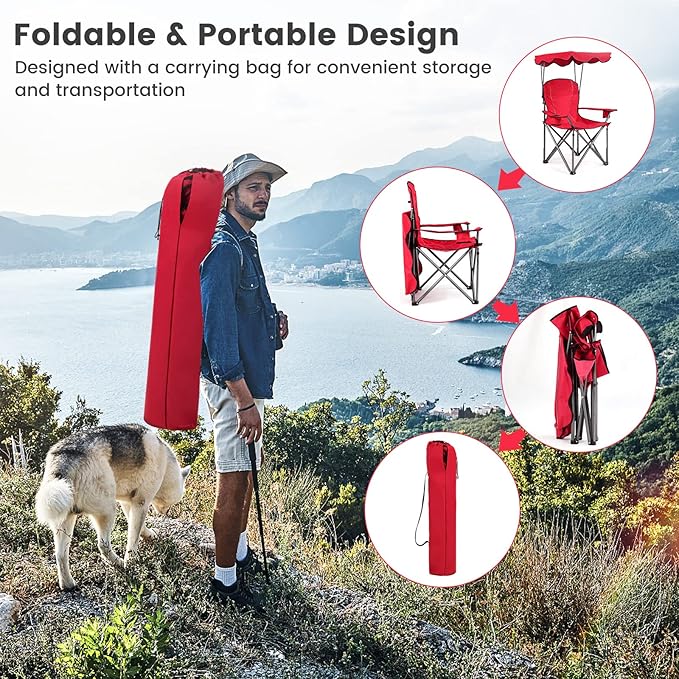 KOTEK Camping Chair with Canopy Portable Canopy Chair with Shade Cup Holder &amp Carry Bag Outdoor Folding Chairs for Sports Events Fishing Beach Picnic Hiking Travel (Red)