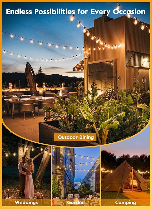 Brightown Solar String Lights Outdoor - 38FT Patio With Remote 16 Shatterproof LED Bulbs 3 Light Modes Waterproof Hanging Solar for Outside Backyard Party Decor