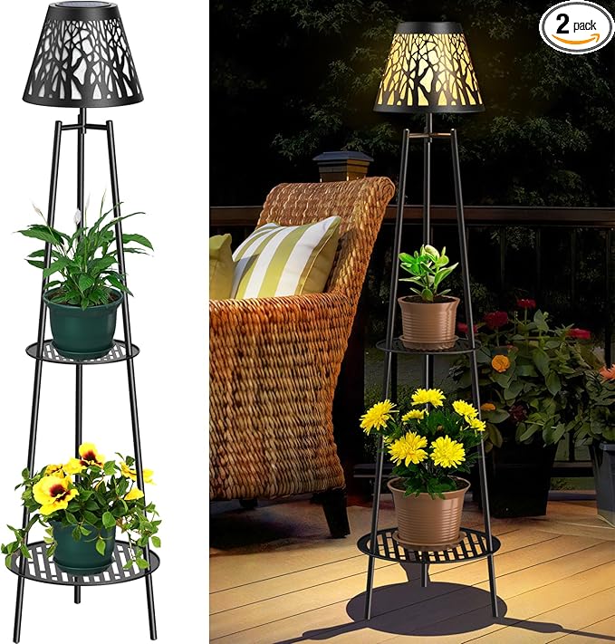 2 Pack 45.5'' Outdoor Floor Lamps with 2 Tier Plant Stand Solar Powered Metal Waterproof Lights for Patio Deck Yard Garden Porch Decor