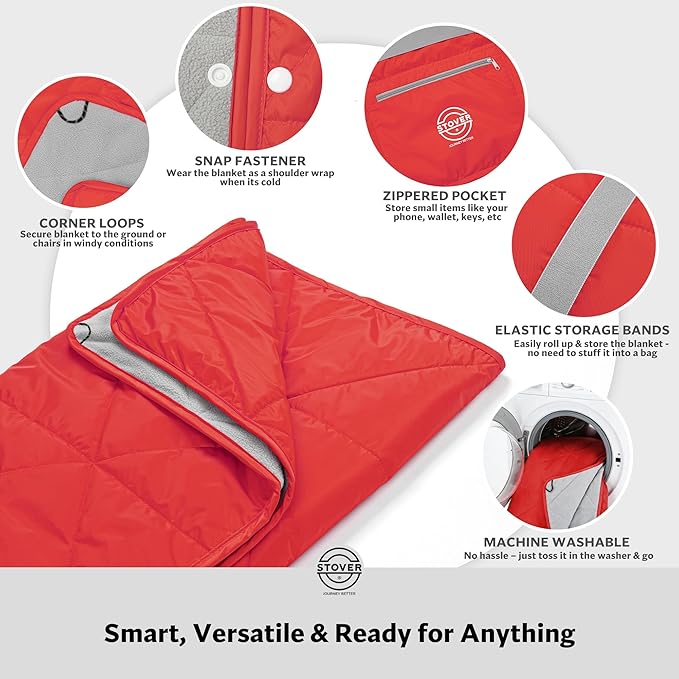 STOVER Large Waterproof Outdoor Stadium Blanket- Extra Thick Soft Fleece Camping Blanket for Travel Picnics Sports Dogs 79x55 Warm Windproof Sand-Proof Lightweight Packable (Sunset Red)