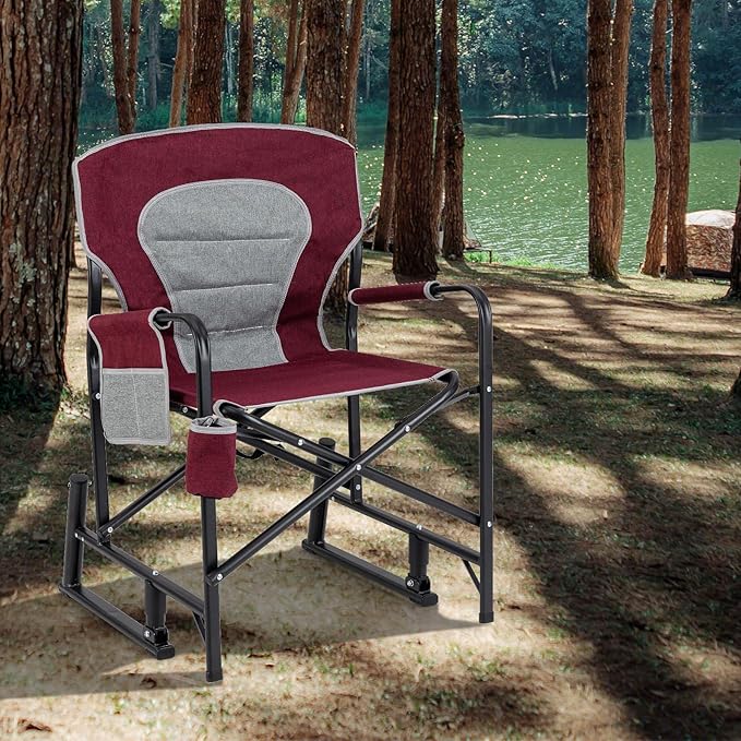 Goplus Outdoor Rocker Camping Chairs for Adults Portable Folding Chair w/Dual Springs Padded Back Cup Holder Storage Pocket Heavy-Duty Rocking Arm Chair for Beach Lawn Travel Fishing(2Wine)