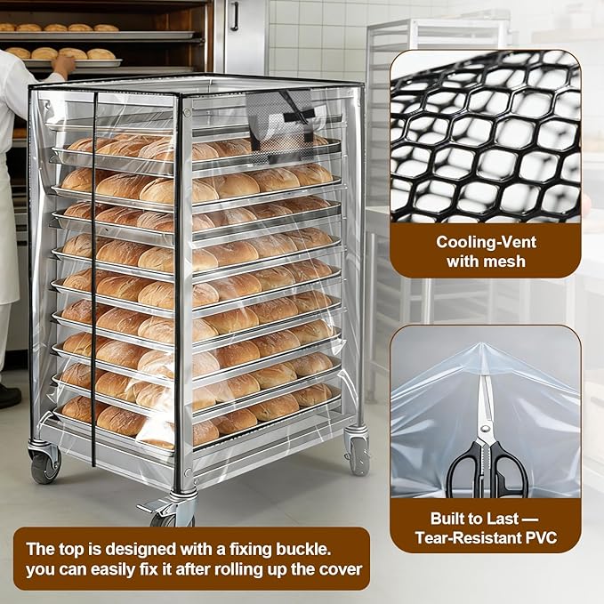 Speed Bun Pan Sheet Rack Cover with ZipperFit 10 Tier Commercial Bread Speed Rack Cover for Bakery Racks23x28x32 Clear PVC Waterproof &amp Dust proof Cover with Breathable Mesh Vent