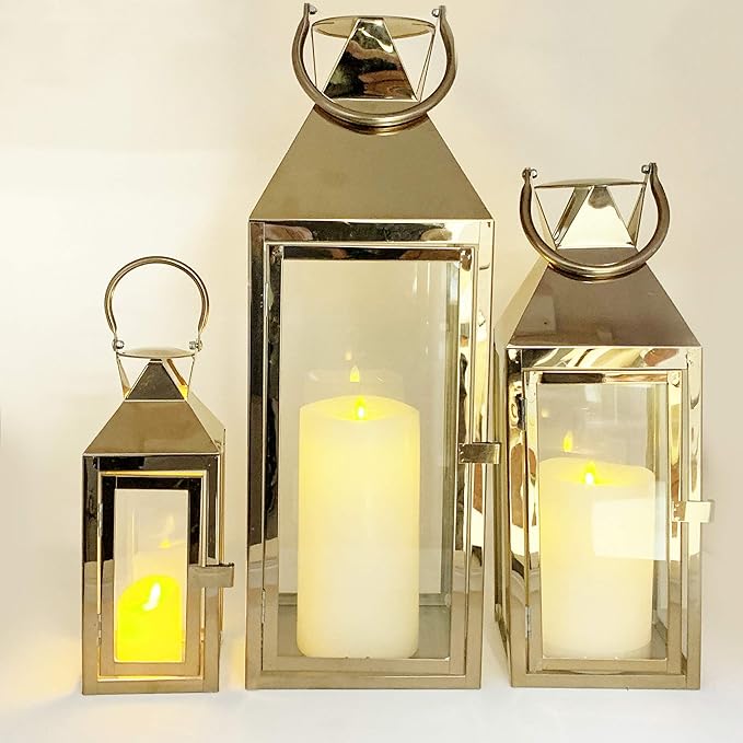 Allgala 3-PC Lantern Set 24 Inch Jumbo Deluxe Modern Indoor/Outdoor Candle Lantern Set Gold Stainless Steel Frame Tempered Glass Pyramid Top for Garden Poolside Fireplace Wedding