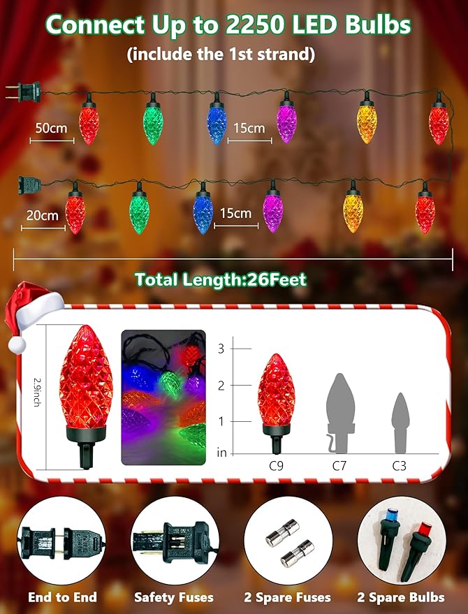 50 Count C9 Christmas Lights Outdoor 26FT Diamond-Cut Multicolor LED String Lights Connectable Green Wire Vintage Christmas Lights for House Roofline Trees Garden &amp Christmas Outdoor Decorati