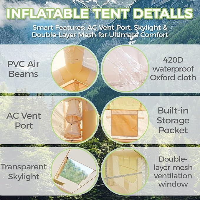 Glamcamp 4-6 Person Inflatable Tent - Quick Setup Air Tent with Stove Jack 420D Oxford (PU2000) 15cm Air Beams 2 Doors &amp Windows