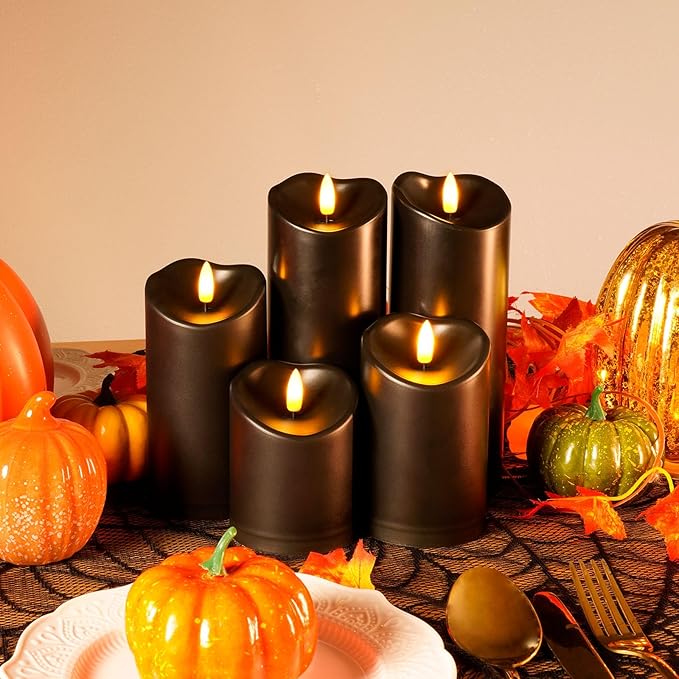 Amagic Black Halloween Flameless Candles with Remote Waterproof Outdoor Candles Battery Operated with Timer Plastic Flickering LED Pillar Candle for Holiday Theme Party Pumpkin Decor Set of 5