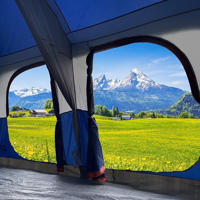 CAMPROS CP 12 Person Cabin Tent 2 Room Extra Large Straight Wall Camping Tents Waterproof Windproof with Top Rainfly 6 Large Mesh Windows Double Layer Easy Set Up Family Tent