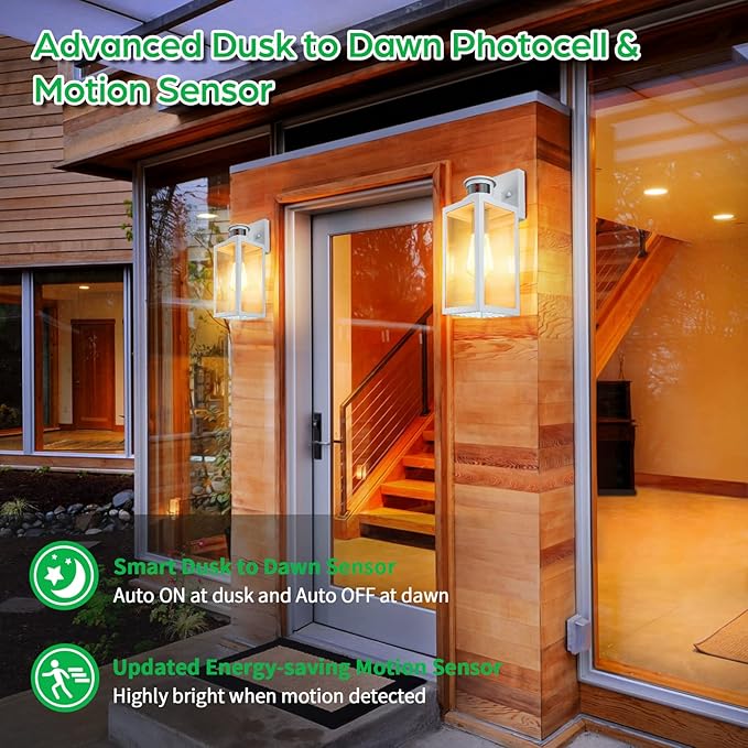 2-Pack Motion Sensor Outdoor Wall Lantern Dusk to Dawn Exterior Light Fixtures Wall Mount White Outside Light for House Waterproof Outside Lantern Sconces Anti-Rust Porch Lighting with Clear Glass