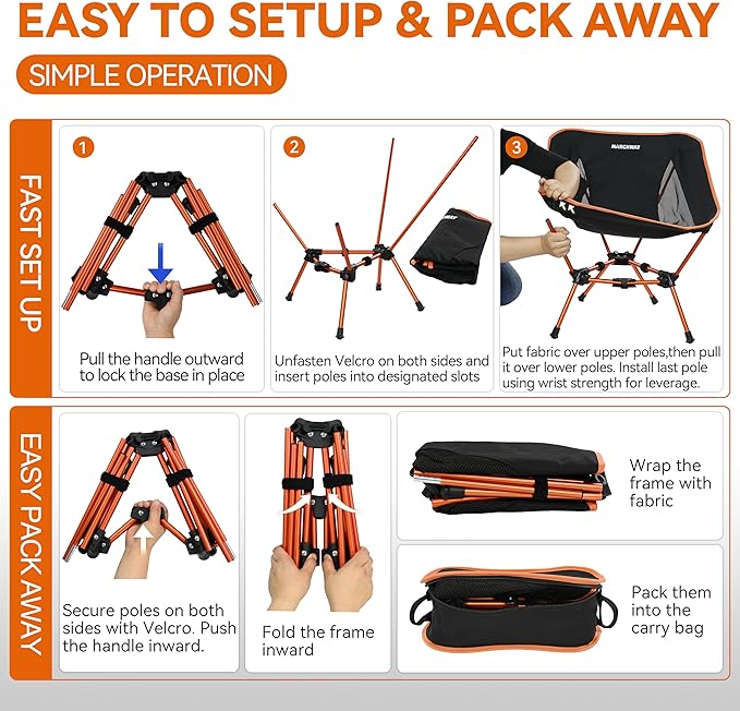MARCHWAY Lightweight Folding Camping Chair Portable Foldable Compact for Outdoor Camp Travel Beach Picnic Festival Hiking Backpacking Supports 330Lbs (Orange)