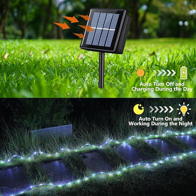 YEGUO Solar Christmas Light Outdoor Waterproof 66ft 200 LED White Rope Lights 8 Modes Tube String Lights in Clear Thin Tube