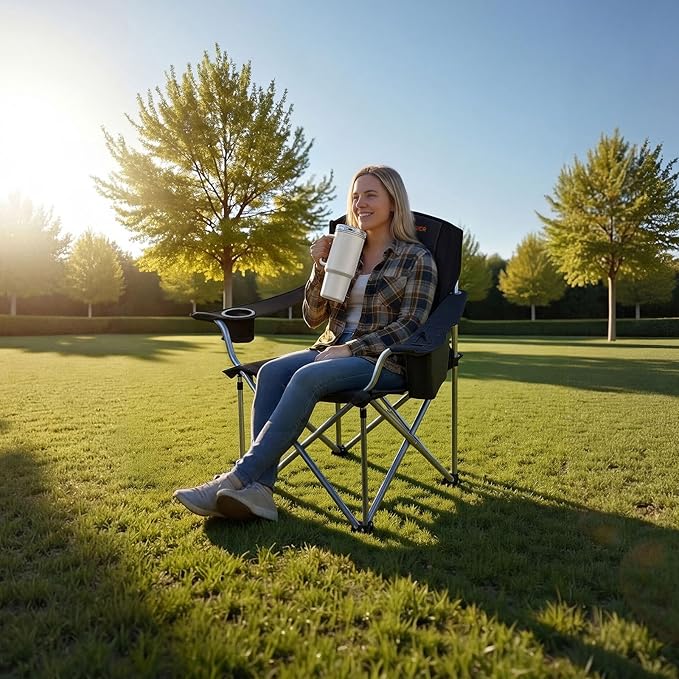 VEVOR Oversized Camping Folding Chair Portable Heavy Duty Outdoor Quad Lumbar Back Padded with Side Pockets Cup Holder and Cooler Bag for Beach Lawn Picnic Fishing Backpacking 2 Pack