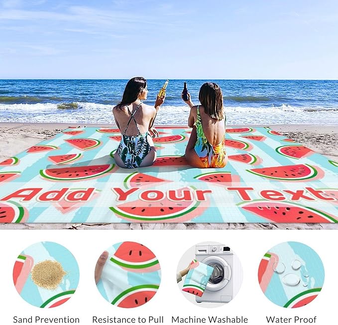 Personalized Beach Blanket Waterproof Sandproof 86x78 Inches Custom Large Watermelon Beach Mat for 4-6 Adults Lightweight Picnic Blanket with 4 Corner Pockets for Outdoor Travel Camping Hiking