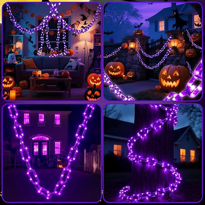 Battery Operated Halloween Lights 10.5FT 175 LED Plastic Chains Lights 8 Modes Waterproof Timer String Light for Skeleton Dog Creepy Costumes Accessories Spooky Outdoor Decorations(Purple)