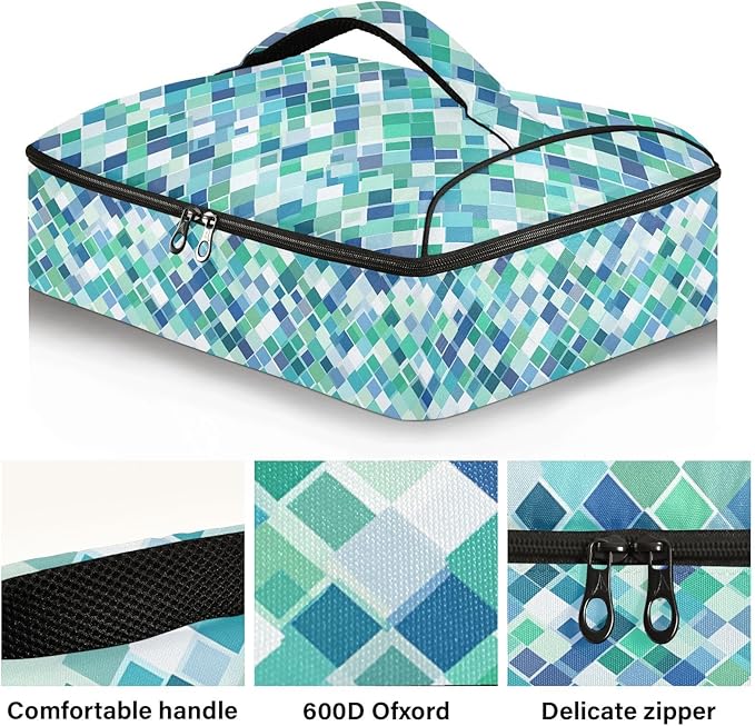 Casserole Carrier Emerald Green SquaresInsulated Casserole Carrier for Hot or Cold Food Thermal Lunch Tote for Potluck Parties Picnic Beach Fits 9 x 13 Inches Baking Dish
