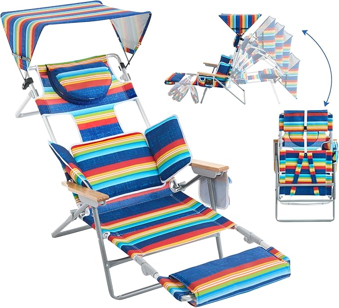 Oversized Heavy Duty Backpack Beach Chair with Sun Canopy Reclining Lounge Chair Tanning Chair with Face Hole 5-Position Foldable Camping Chair for Outdoor Sunbathing Beach Patio Pool (Multi Color)