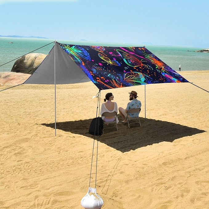 ALAZA Neon Line Butterfly Beach Tent Sun Shelter UPF50+ Protection Beach Shade Canopy w/ 4 Sandbags for Outdoor Camping Fishing Backyard Fun Picnic 10x9 ft