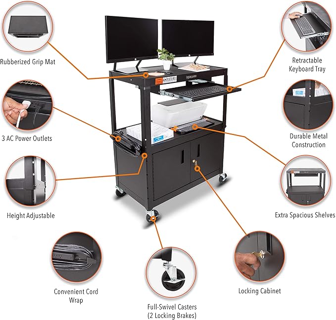 Line Leader Large AV Cart with Locking Cabinet | Height Adjustable Utility Cart with Pullout Keyboard Tray &amp Cord Management | UL Safety-Certified Computer Cart | Easy Assembly (32 x 18 x 42in)