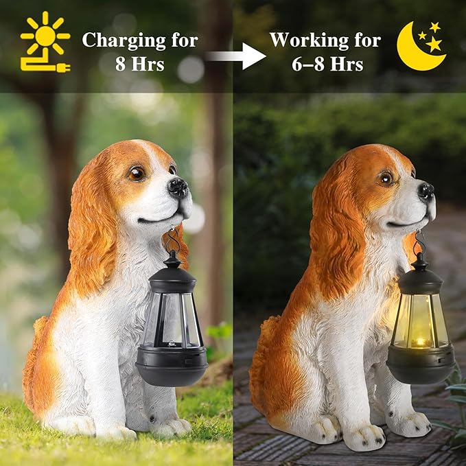 Afirst Dog Garden Statue - Outdoor Decor with Solar Lantern Valentine's Day Gift Lovely American Cocker Spaniel Figurine Patio Lawn Yard Art Ornaments Housewarming Gift