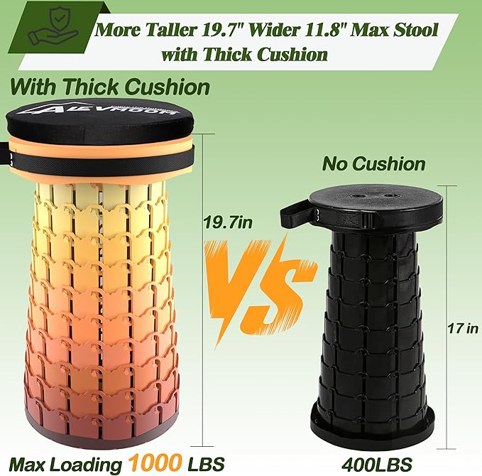 ALEVMOOM Upgraded XXL Collapsilbe Stool with CushionMore Sturdy and Height 19.7D11.8Portable and Lightweight Adjustable Chair Telescoping Stool for Camping Hiking BBQ Max Loading 1000Ibs