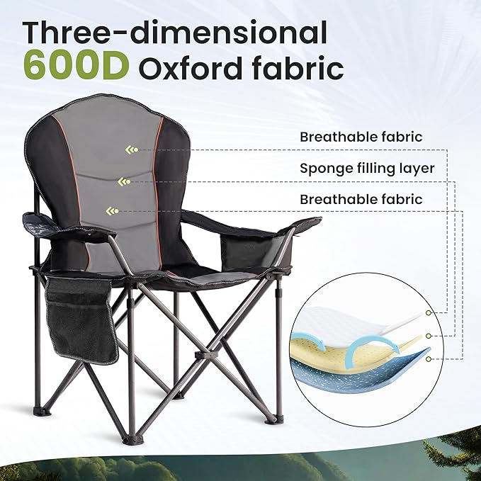Folding Camping Chairs for Adults - High Back Padded Outdoor Lawn Chairs with Lumbar Support &amp Cup Holder (Black &amp Gray 1 Pack)