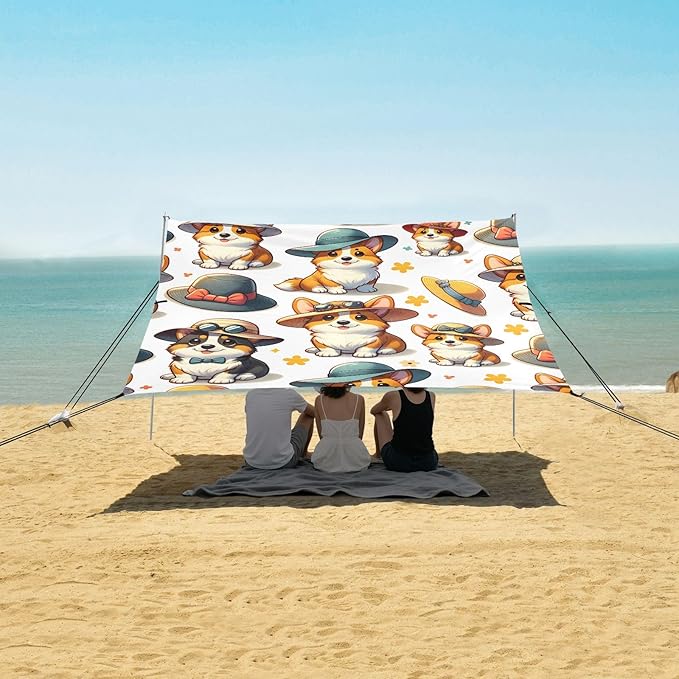 Cute Cute Dogs in Hat Camping Sun Shelter Beach Tent Portable Beach Sun Shade Outdoor Canopy for Camping Trips Fishing Picnic