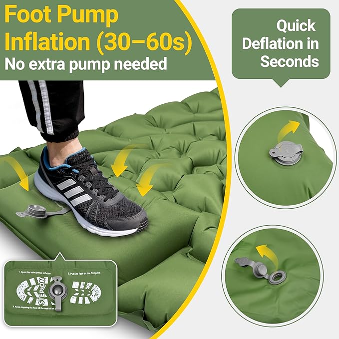 Camping Sleeping Pad Backpacking Sleeping Pad with Built-in Pillow and Foot Pump 4in Thick Compact Inflatable Camping Air Mattress for Hiking Tent Road Trip Car Camp Travel Gear