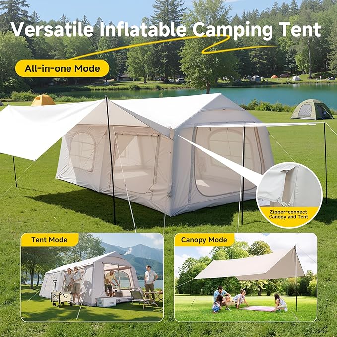 Inflatable Tent for Camping Waterproof Oxford Large Blow Up Hot Tent with Pump Easy Setup Inflatable Glamping House Air Tent for Family 4/6/8/10/12 People