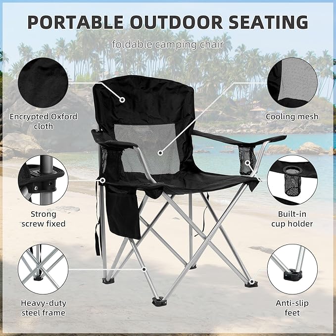 Hexago Camping Chair Portable Folding Outdoor Chair with Armrests Cup Holders &amp Carry Bag Heavy Duty Lawn Chair for Camping