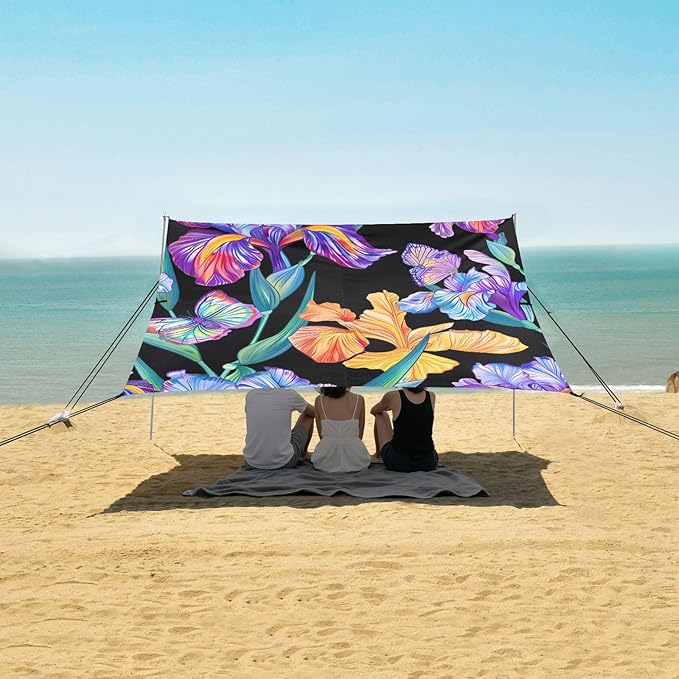 ALAZA Rainbow Iris Flower Butterfly Beach Tent Sun Shelter UPF50+ Protection Beach Shade Canopy w/ 4 Sandbags for Outdoor Camping Fishing Backyard Fun Picnic 10x9 ft