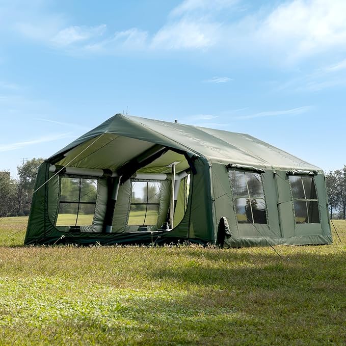 Inflatable Camping Tent with Hand Pump Waterproof Outdoor Blow up Tent 2-8 Person Oxford 4 Season Glamping Air Tent Cabin House with Mesh Windows &amp Door