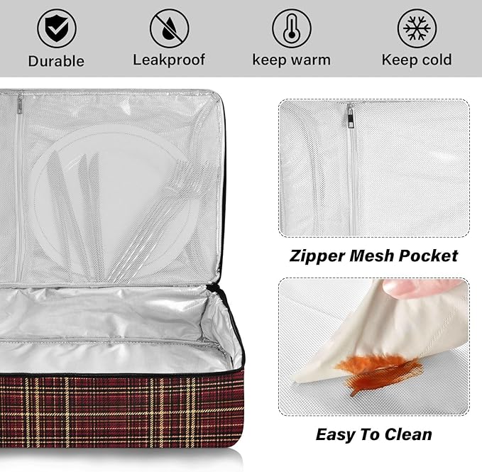 Casserole Carrier Red and Brown Tartan Print Pattern Insulated Casserole Carrier for Hot or Cold Food Thermal Lunch Tote for Parties Picnic Travel Carry Bag