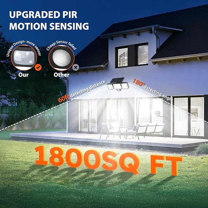 WdtPro Solar Lights Outdoor Flood Light 3 Pack 3500LM Bright Motion Sensor Outdoor Lights 3 Heads &amp Upgrade Glass Panel LED Solar Powered Security Light Spotlights Waterproof for Outside Yard