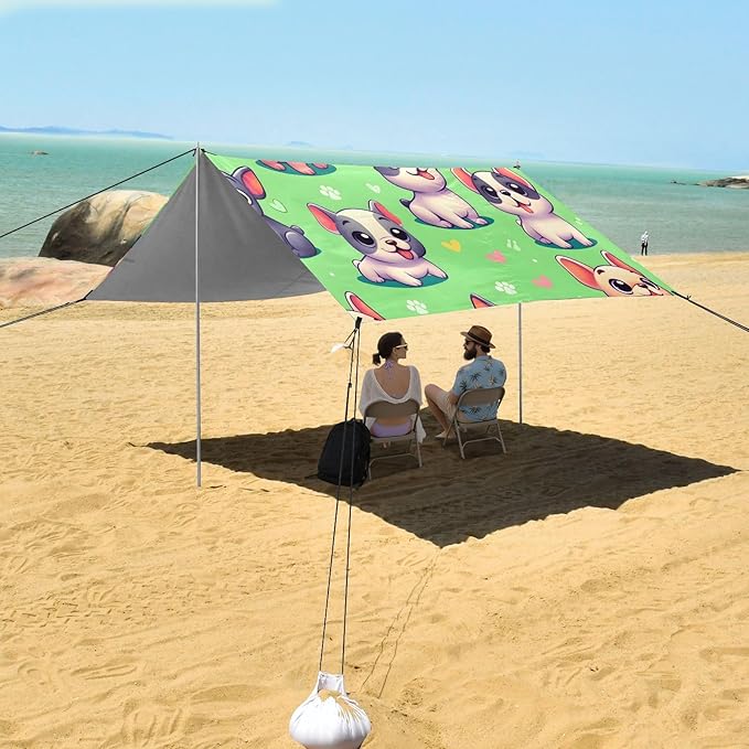 Cartoon French Bulldog Green Camping Sun Shelter Beach Tent Portable Beach Sun Shade Outdoor Canopy for Camping Trips Fishing Picnic
