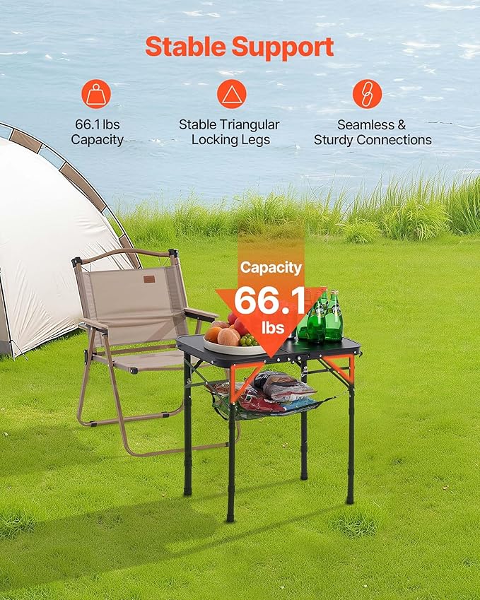 VEVOR Folding Camping Table Adjustable Height Aluminum MDF Outdoor Portable Lightweight for Cooking Beach Picnic Travel 24 x 16 inch